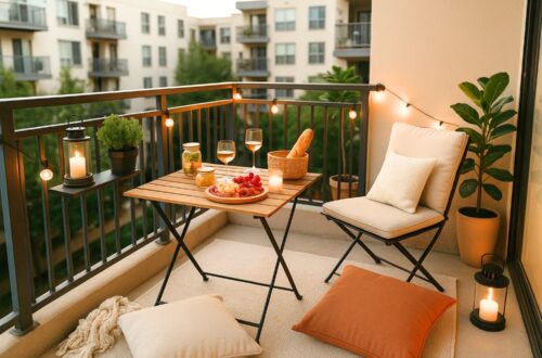 photo of a cozy small apartment balcony picnic setup in Los Angeles at sunset. The balcony features a wooden folding table with two glasses of white wine, a round wooden board with grapes, cheese, and sliced meat, and a wicker basket holding a baguette. LED string lights hang along the metal railing, with lanterns and potted plants adding warmth and greenery. Soft beige and rust-colored cushions sit on a neutral outdoor rug beside a knitted throw blanket. The background shows modern apartment buildings surrounded by trees, creating a calm urban atmosphere perfect for evening dining.