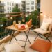 photo of a cozy small apartment balcony picnic setup in Los Angeles at sunset. The balcony features a wooden folding table with two glasses of white wine, a round wooden board with grapes, cheese, and sliced meat, and a wicker basket holding a baguette. LED string lights hang along the metal railing, with lanterns and potted plants adding warmth and greenery. Soft beige and rust-colored cushions sit on a neutral outdoor rug beside a knitted throw blanket. The background shows modern apartment buildings surrounded by trees, creating a calm urban atmosphere perfect for evening dining.