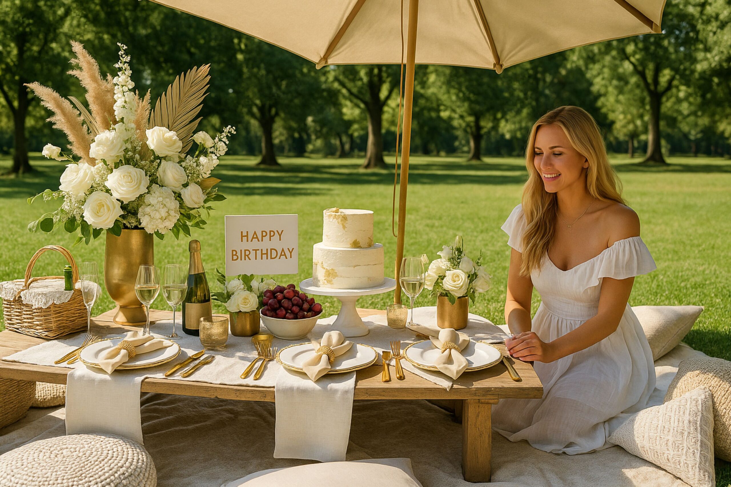 an elegant outdoor birthday picnic setup in a sunny park. A beautifully arranged picnic table sits on a soft blanket over green grass, surrounded by golden décor accents, floral arrangements, and cozy cushions. Wine glasses, fruit platters, and candles create a refined, celebratory mood. A small group of adults is smiling and toasting, enjoying the relaxed luxury of the event. The warm natural light, delicate tableware, and golden details convey the essence of an elegant golden birthday picnic celebration, blending sophistication, comfort, and joyful connection in a natural outdoor setting.
