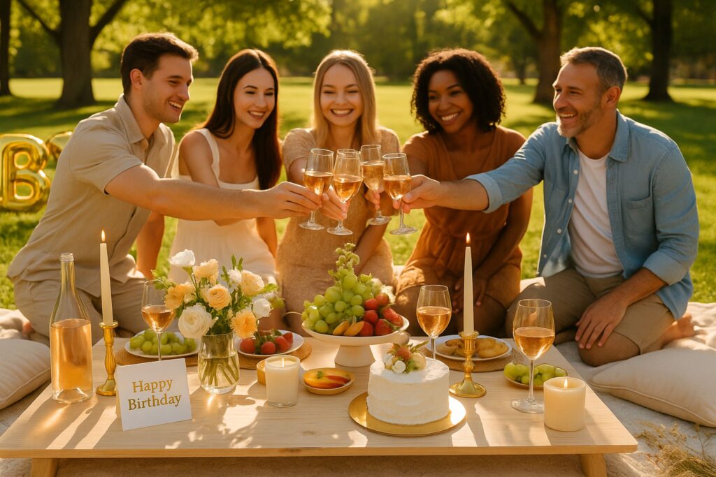 a luxurious outdoor birthday picnic set in a sunlit garden. The scene features a low wooden picnic table decorated with golden tableware, floral centerpieces, and candles. Cushions and blankets in neutral and gold tones surround the table, where guests are seated comfortably, enjoying champagne and beautifully arranged food platters. The soft natural light filters through nearby trees, creating a warm and elegant atmosphere. The setting captures the essence of an elegant golden birthday picnic celebration, blending refined décor, relaxed seating, and joyful togetherness in a picturesque outdoor environment.
