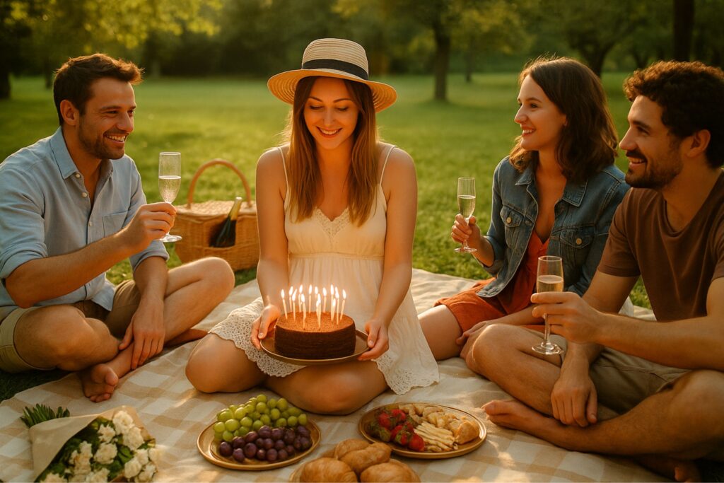 a birthday picnic celebration in a sunny green park. Four adults sit together on a checkered blanket surrounded by plates of grapes, croissants, strawberries, and cheese. A woman in a white summer dress and straw hat holds a chocolate birthday cake with lit candles, smiling as her friends toast with glasses of champagne. A wicker picnic basket and bouquet of flowers are placed nearby. The warm evening sunlight and relaxed atmosphere capture the essence of a joyful outdoor birthday picnic filled with laughter, connection, and celebration.