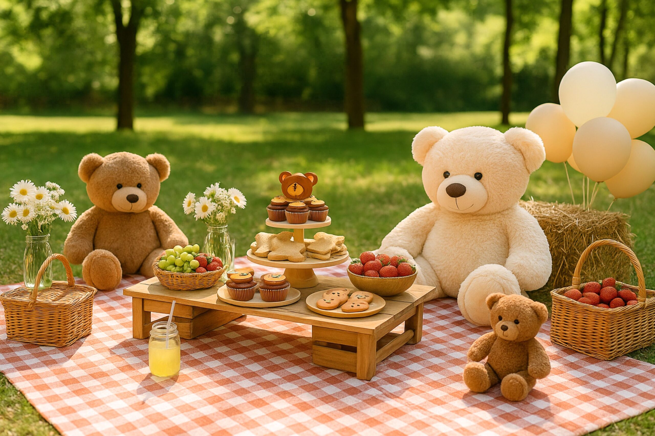a teddy bear picnic birthday party setup in a sunny garden, featuring a gingham blanket with wooden trays of bear-shaped sandwiches, cupcakes, strawberries, and grapes. Two large plush teddy bears sit on either side of the picnic table surrounded by wicker baskets, mason jars with daisies, and pastel balloons tied to a hay bale. The scene is softly lit with natural sunlight filtering through green trees, creating a cozy and joyful outdoor atmosphere perfect for a teddy bear picnic first birthday celebration.