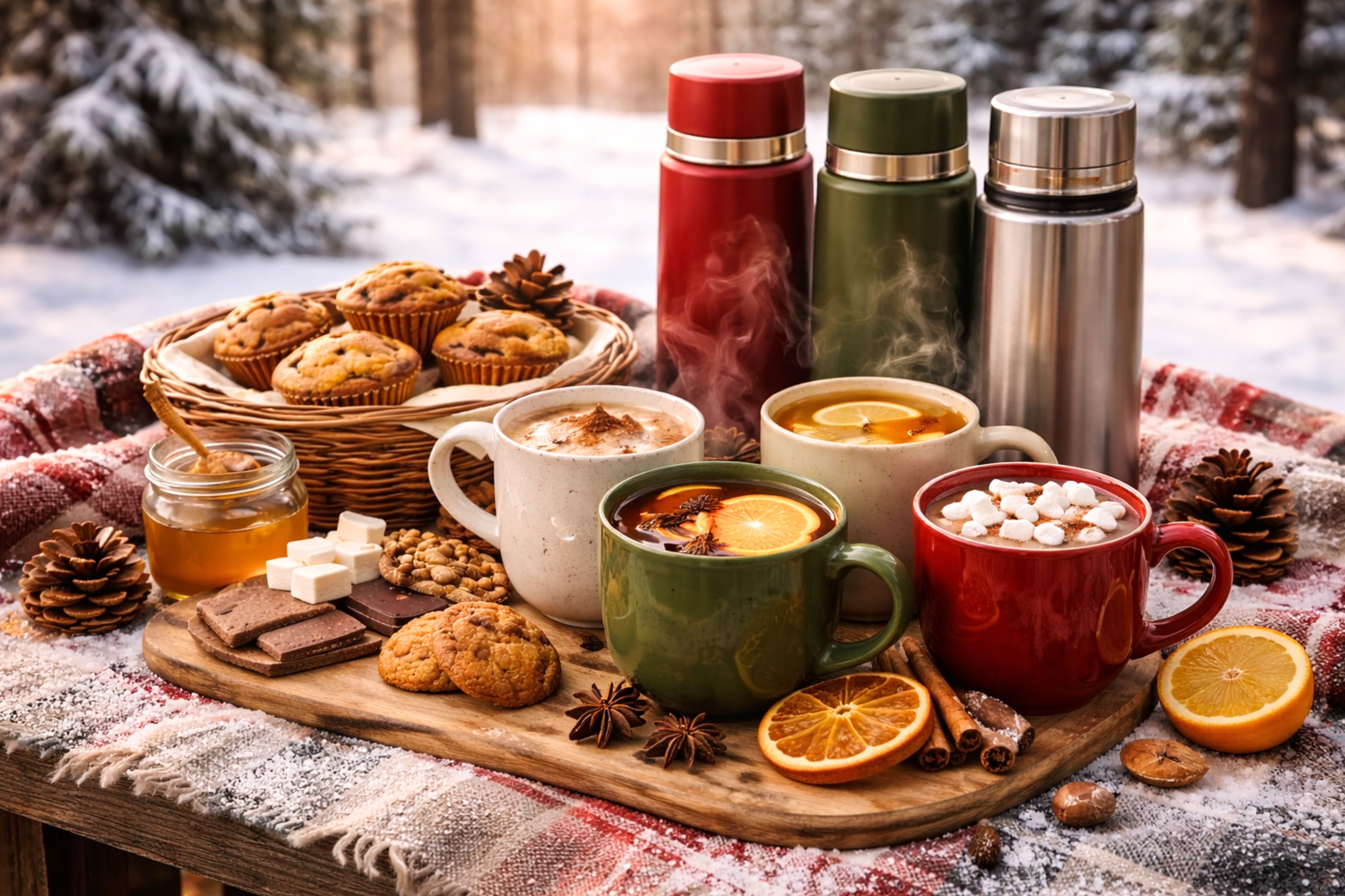 assorted hot drinks for outdoor picnic including thermoses, insulated mugs, and teacups filled with tea, coffee, hot chocolate, and mulled cider on picnic blanket; best hot drink ideas for outdoor picnics; cozy warm beverages for cold-weather picnic; steaming winter drinks with spices, cinnamon sticks, and citrus slices; outdoor picnic setup with natural background; picnic thermos ideas and warm drink inspiration; comfort drinks for winter picnic or fall picnic gatherings.