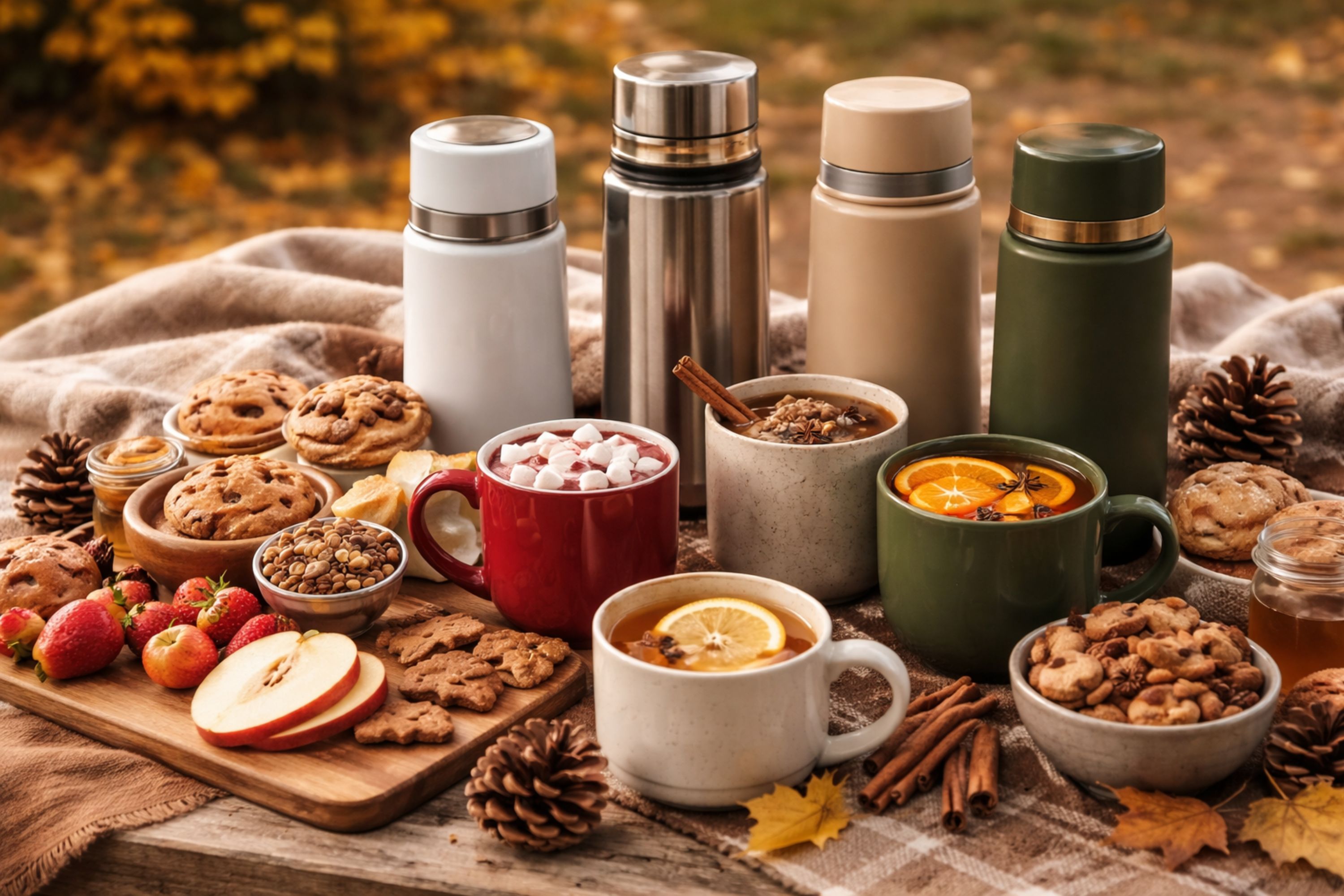 Outdoor picnic table featuring an assortment of hot drink ideas including cocoa with marshmallows, spiced cider with citrus, chai, and tea served in mugs and thermoses, arranged alongside pastries, cookies, apples, berries, nuts, and honey on a plaid blanket during autumn.