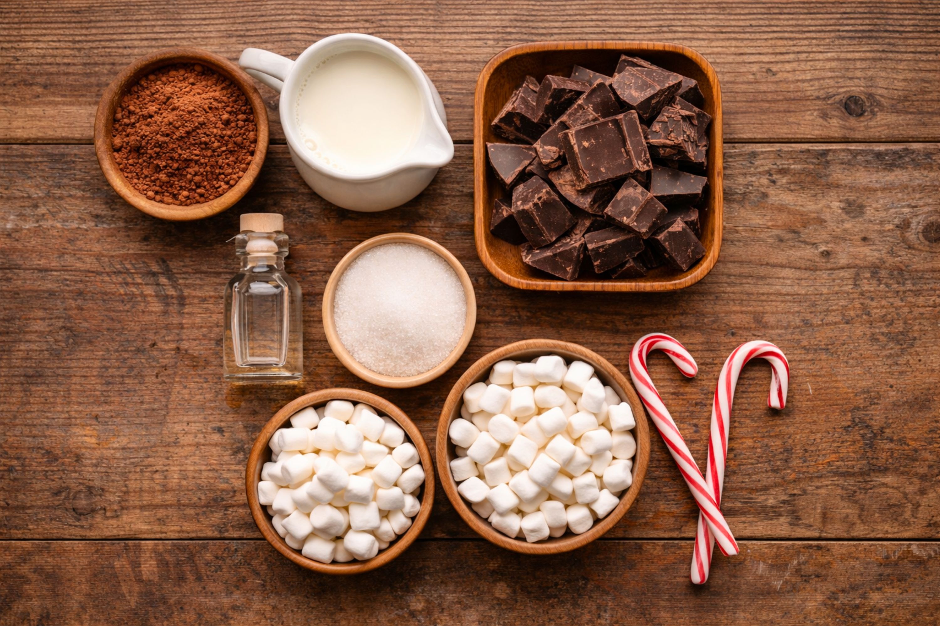 Flat lay of peppermint hot chocolate ingredients including cocoa powder, dark chocolate chunks, milk, peppermint extract, sugar, mini marshmallows, and candy canes arranged neatly on a rustic wooden surface.