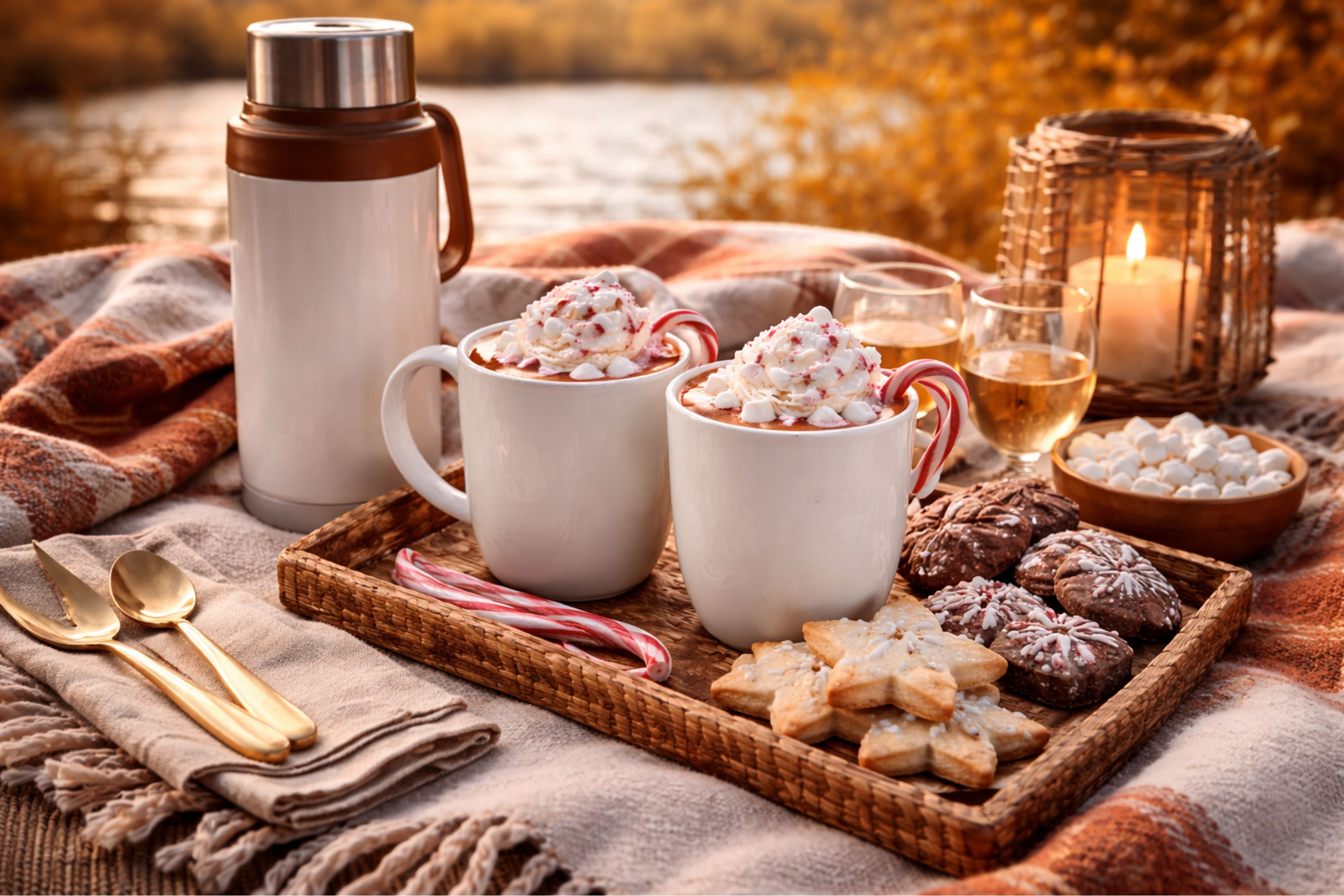 Peppermint hot chocolate served in white insulated mugs on a woven picnic tray with star cookies, chocolate crinkle cookies, mini marshmallows, and candy canes, set on a blanket beside a thermos and candle lantern at a lakeside autumn picnic.