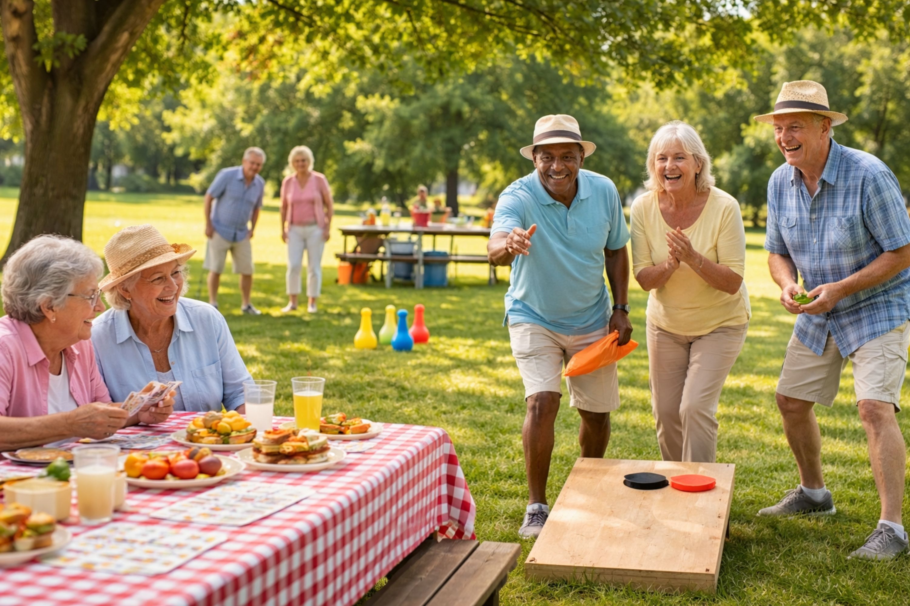 Senior picnic games outdoors with older adults enjoying a relaxed park picnic, playing bean bag toss and table games, socializing at a picnic table with food and drinks in a shaded green setting