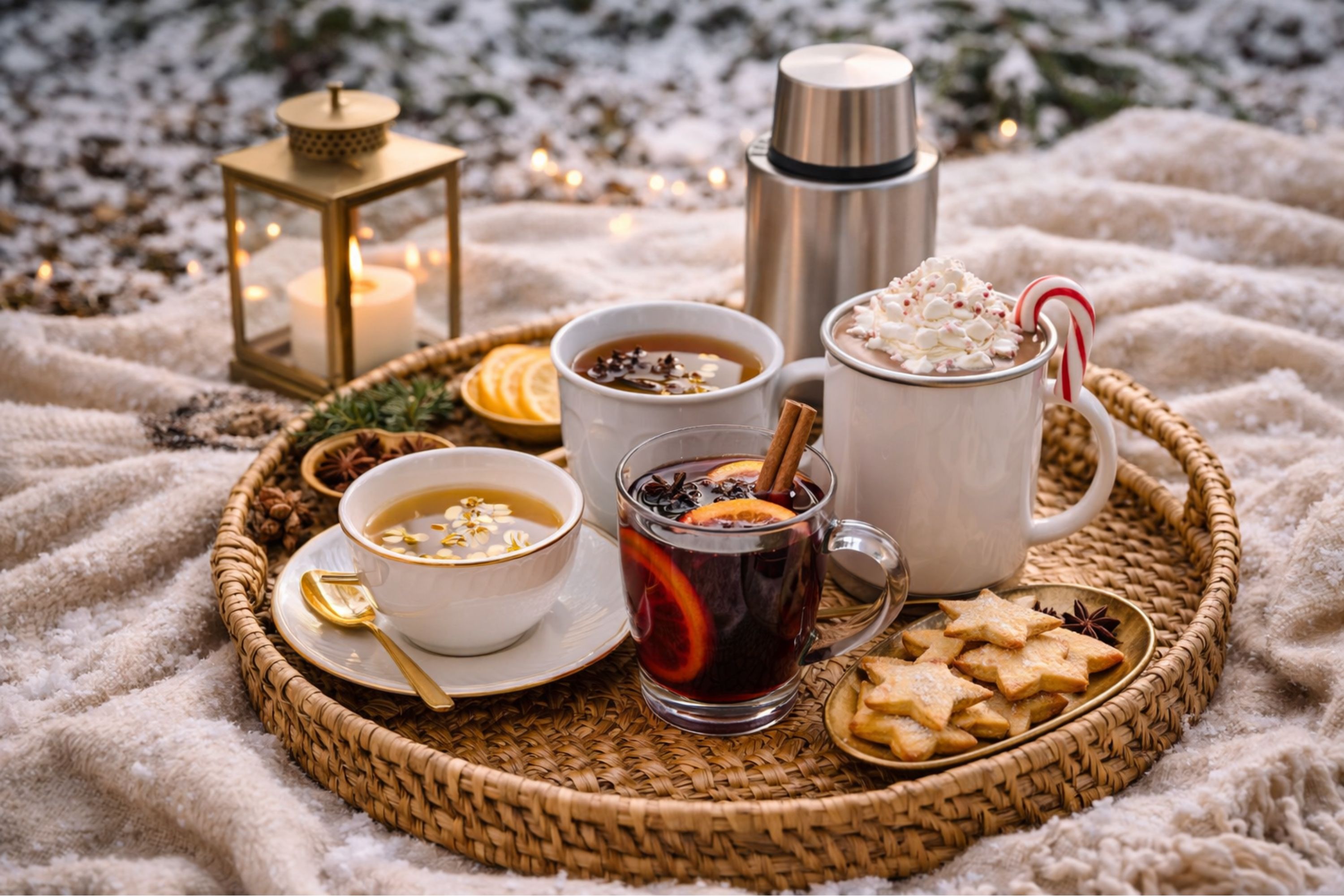 Winter picnic tray featuring peppermint hot chocolate, chamomile tea, mulled wine, and hot cider served in assorted cups with citrus slices, star anise, and star cookies on a woven tray with lantern, thermos, and snowy blanket backdrop.