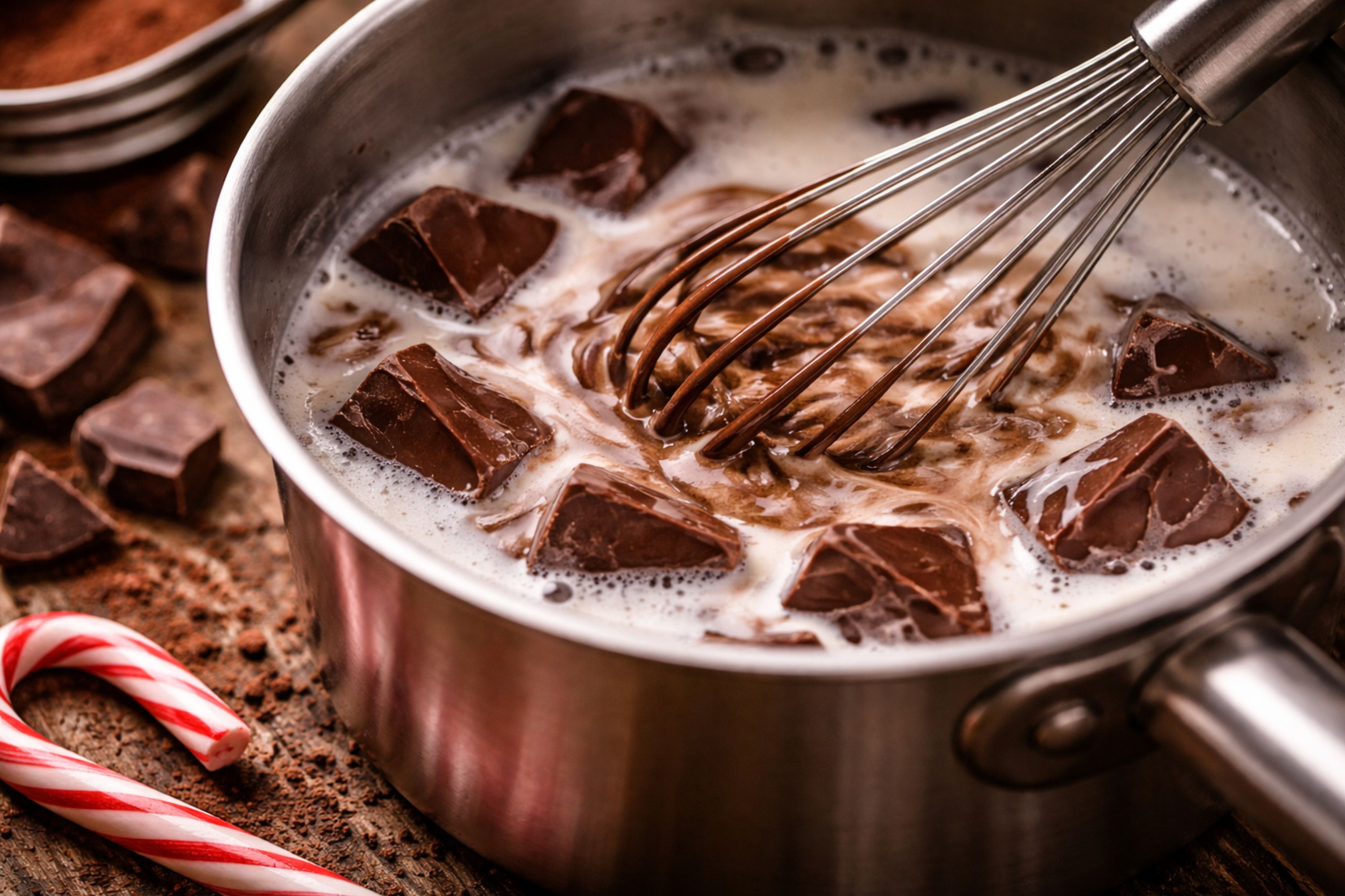 Chunks of dark chocolate melting into warm milk in a stainless saucepan, whisk swirling the mixture into hot chocolate with cocoa powder and a peppermint candy cane nearby, captured in a high-detail cooking close-up.