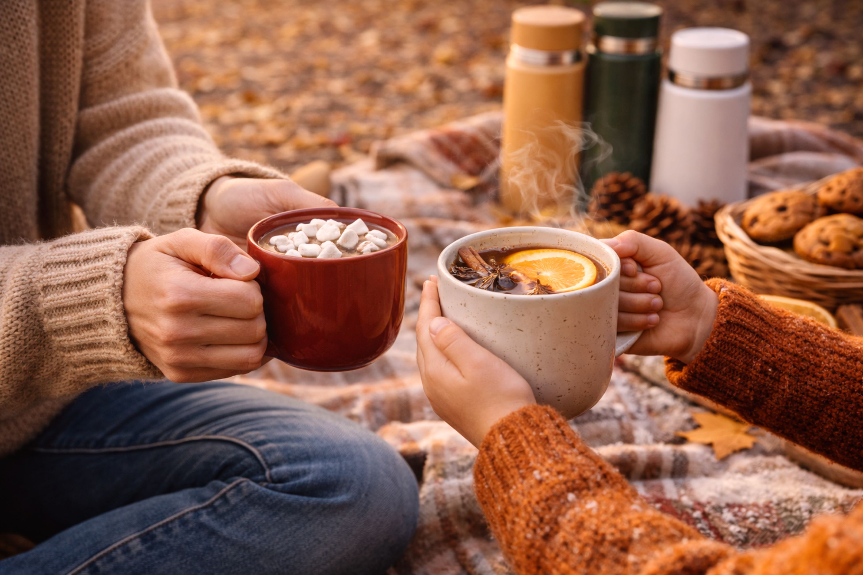 picnic blanket with thermoses, insulated mugs, and cups filled with hot chocolate, chai latte, mulled cider, herbal tea, and coffee recipes; best hot drink recipes for outdoor picnics; cozy warm beverages for fall and winter picnics; steaming drinks with spices, cinnamon sticks, honey, and citrus; outdoor picnic setup with thermos ideas and portable hot drink recipes; warm picnic drink inspiration for cold-weather gatherings.