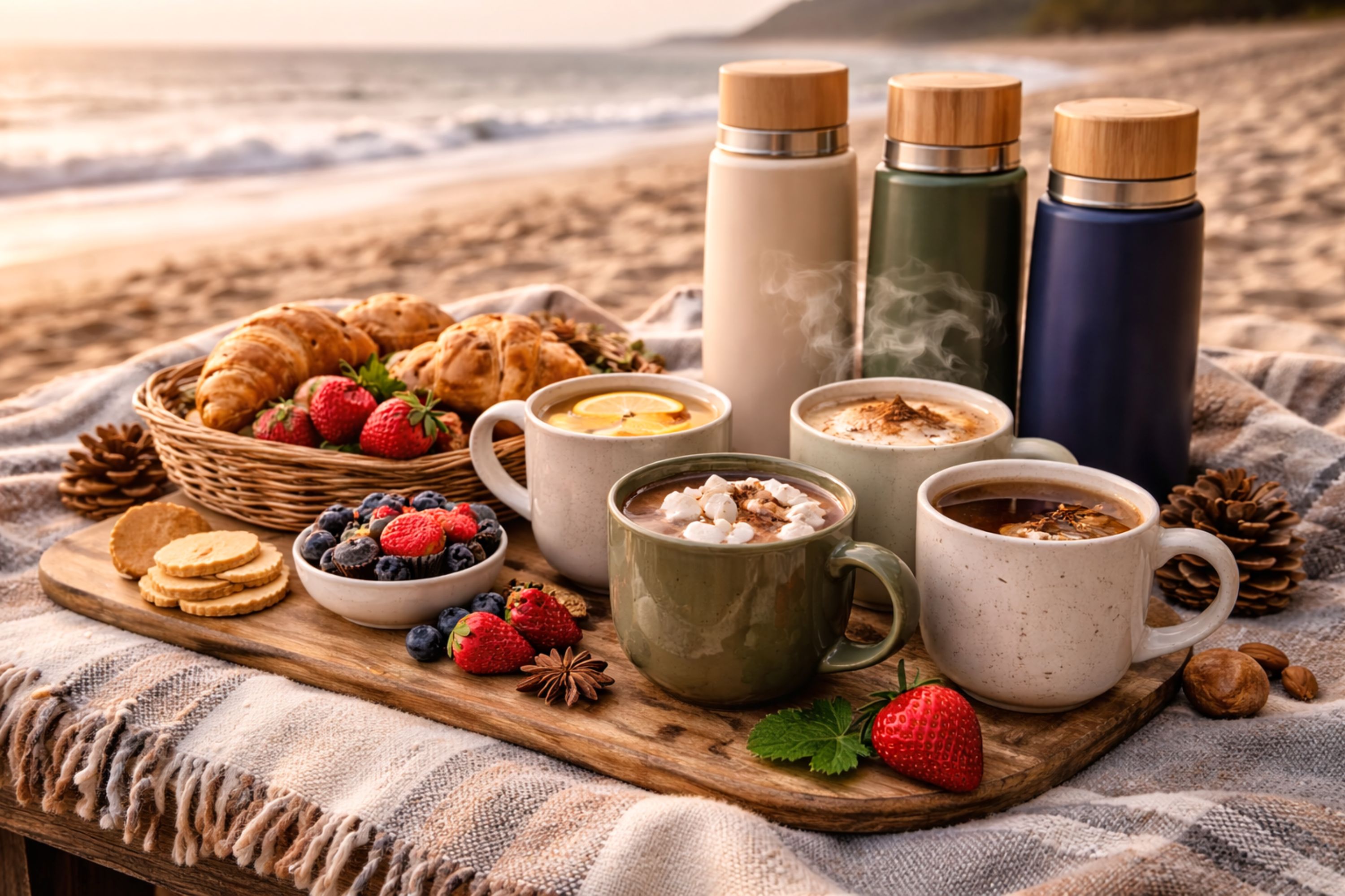 hot drink picnic at the seaside with thermoses, insulated cups, and warm beverages on a picnic blanket overlooking ocean waves; cozy hot drinks for outdoor picnic by the beach; portable coffee, tea, and hot chocolate in thermos; warm seaside picnic setup for cooler weather; scenic coastal picnic with warm beverages and snacks for fall or winter beach outings.