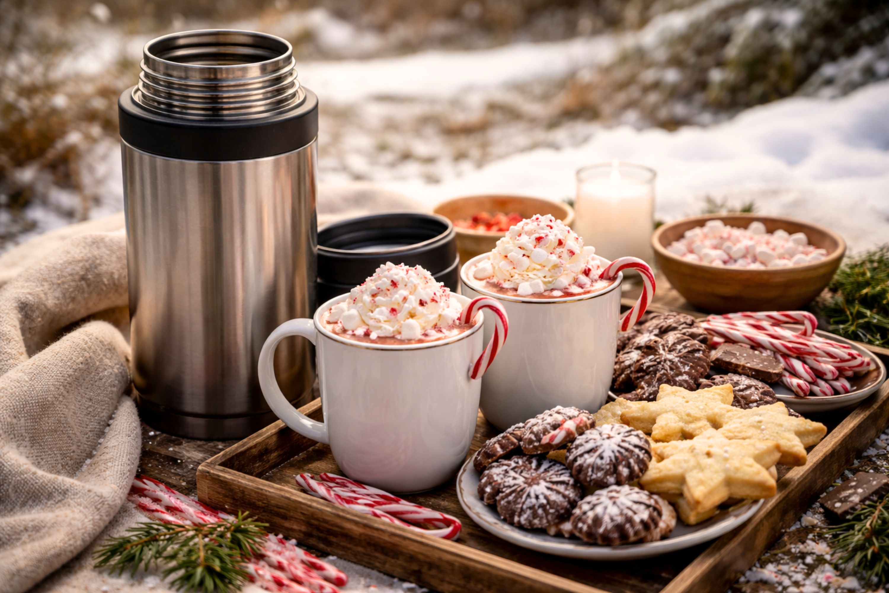 Peppermint hot chocolate in white ceramic mugs topped with whipped cream, mini marshmallows, and candy canes, served with assorted cookies and peppermint candy on a rustic winter picnic blanket with a stainless thermos and snow-covered greenery in the background.