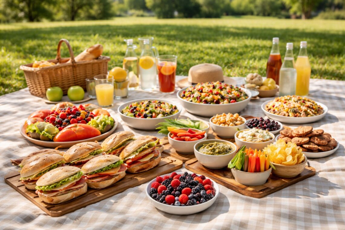 Picnic food portions per person displayed on an outdoor picnic table with sandwiches, fruit bowls, salads, snacks, desserts, and drinks arranged for accurate portion planning.