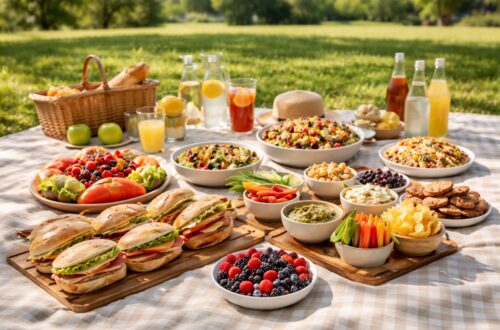 Picnic food portions per person displayed on an outdoor picnic table with sandwiches, fruit bowls, salads, snacks, desserts, and drinks arranged for accurate portion planning.