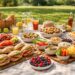 Picnic food portions per person displayed on an outdoor picnic table with sandwiches, fruit bowls, salads, snacks, desserts, and drinks arranged for accurate portion planning.