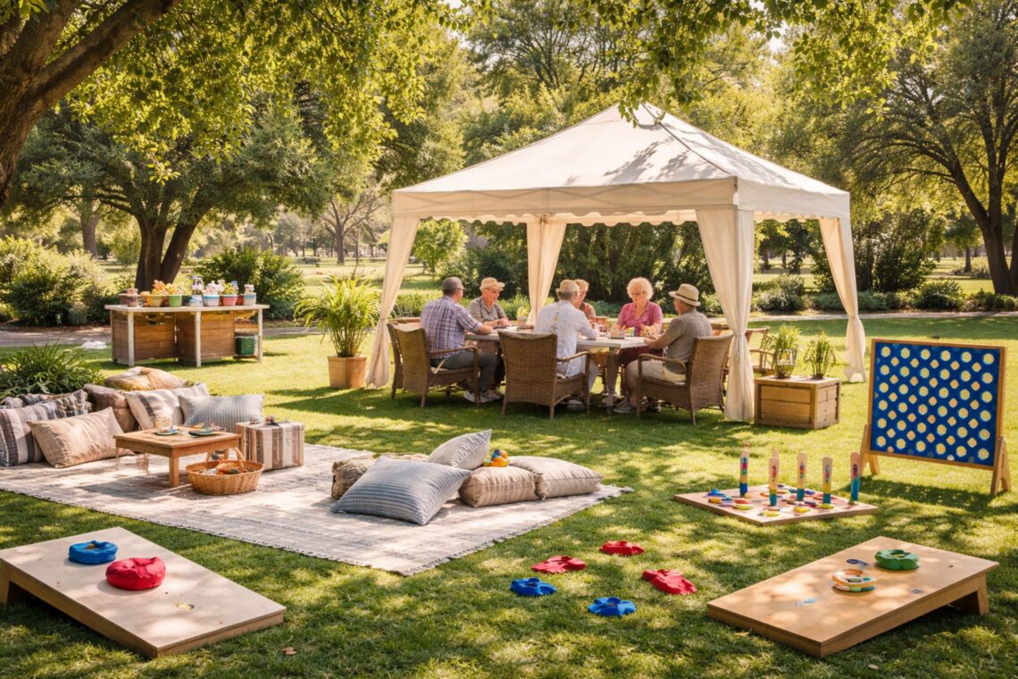Senior picnic games setup in a shaded park with level grass, canopy seating, low-impact lawn games, table activities, and comfortable chairs arranged for safe outdoor play by older adults.
