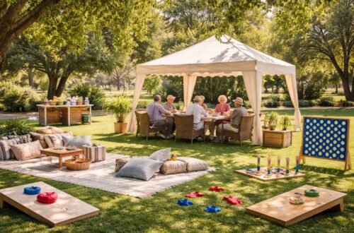 Senior picnic games setup in a shaded park with level grass, canopy seating, low-impact lawn games, table activities, and comfortable chairs arranged for safe outdoor play by older adults.