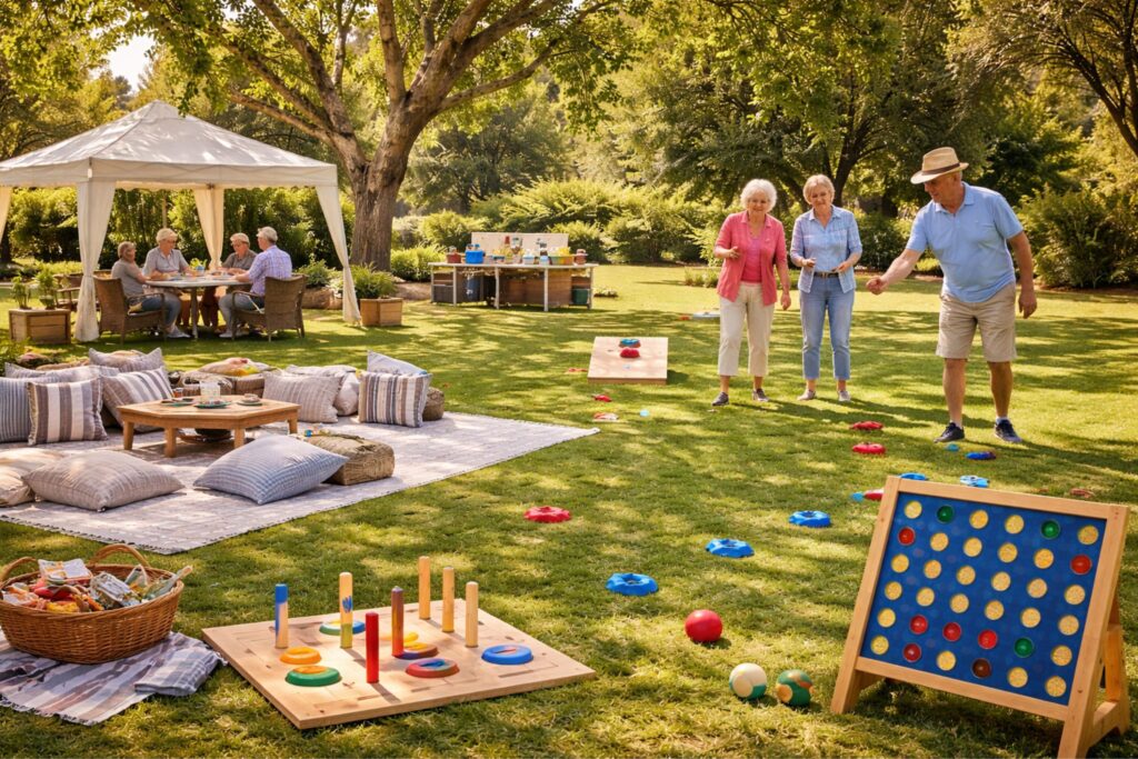 Backyard senior picnic games layout featuring stable lawn surfaces, shaded seating areas, light-movement games, tabletop activities, and clear walking space designed for senior comfort and accessibility.