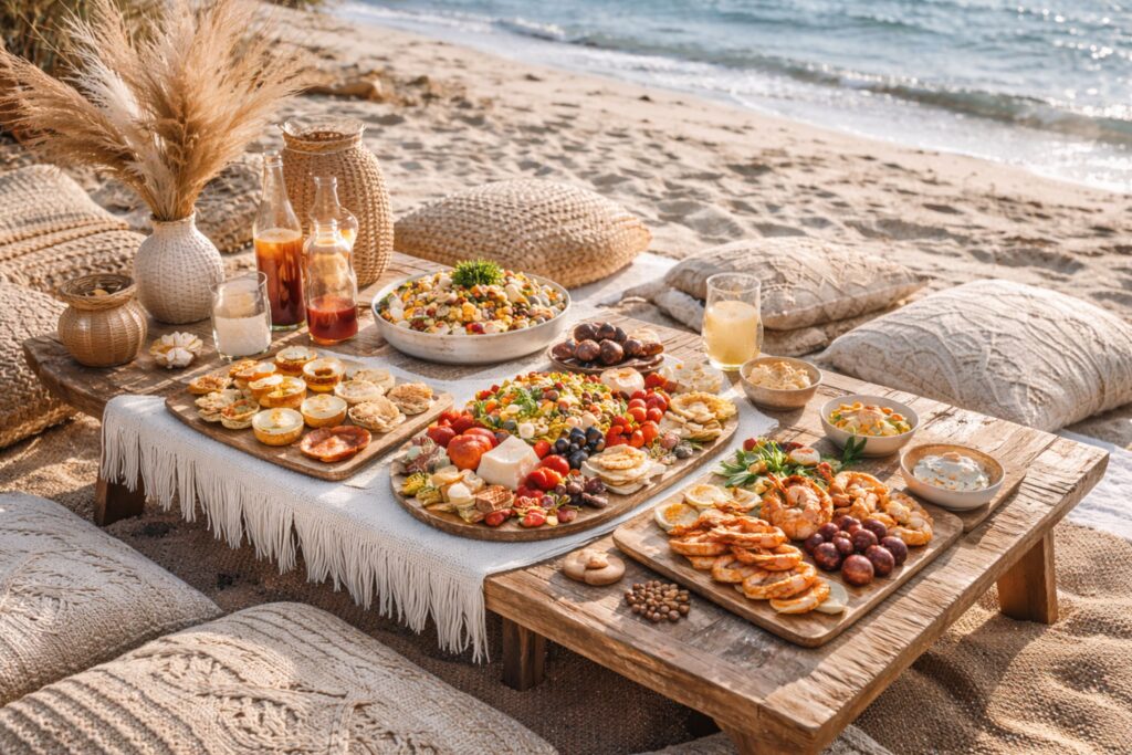 Boho beach picnic setup near the sea with low wooden tables, seafood dishes, mezze platters, fresh salads, dips, and drinks arranged for realistic picnic food portions per person.