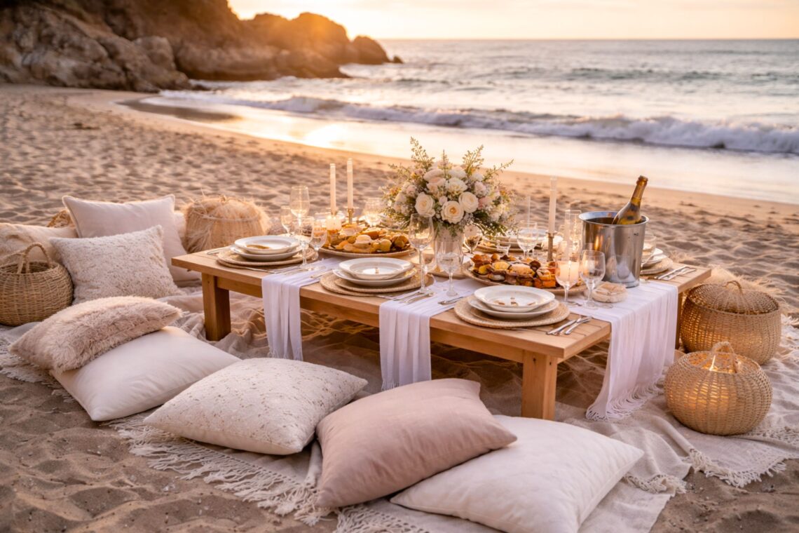 Luxury beach picnic setup at sunset with elegant wooden table, cushions, candles, floral centerpiece, and ocean view, showing a romantic outdoor picnic arrangement on a Malibu-style sandy beach.