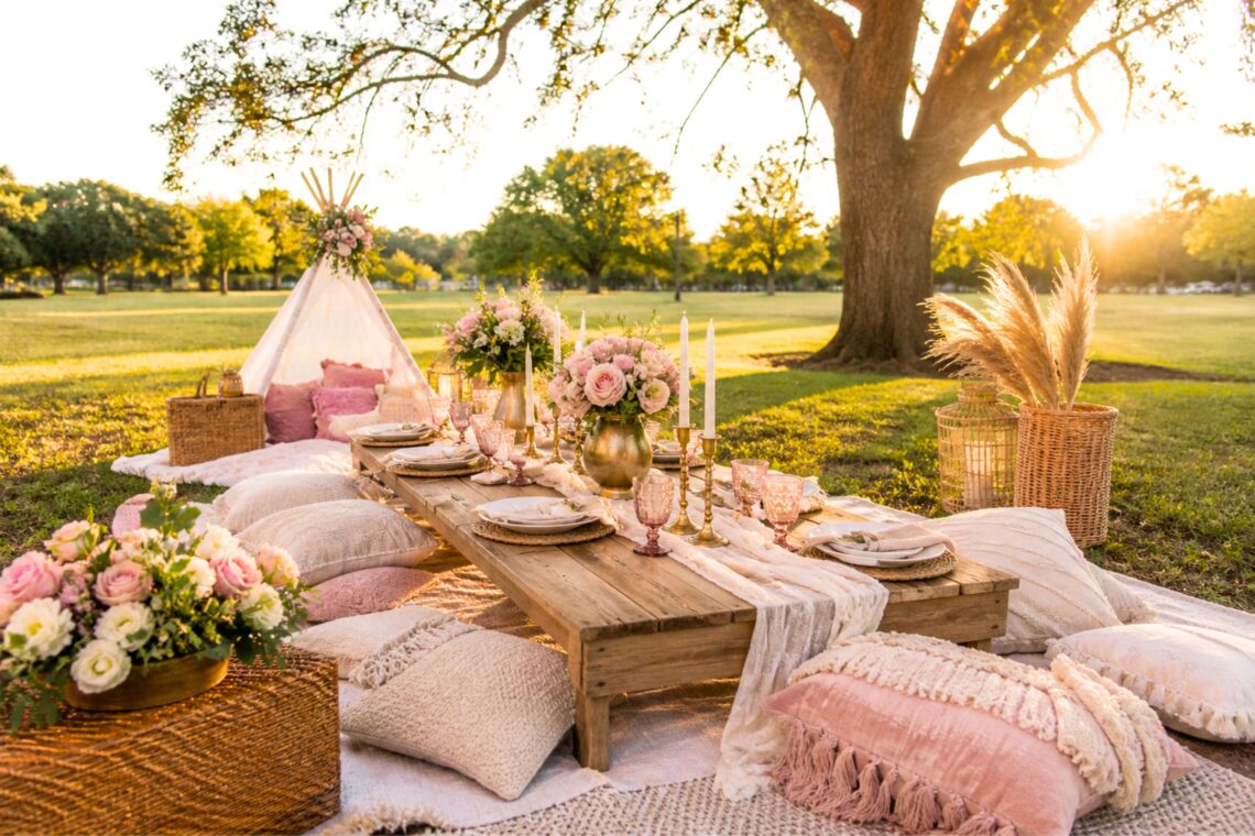 Boho-style picnic rental setup in a sunlit park with low wooden table, layered rugs, cushions, floral arrangements, candles, and styled tableware, creating a fully decorated outdoor picnic experience ready for guests.